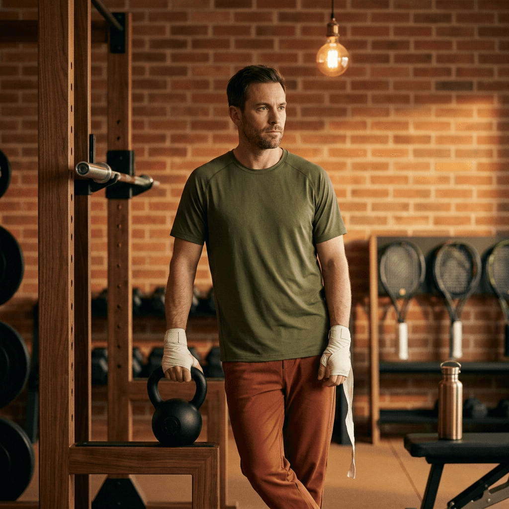 Personal trainer in a warm-lit studio with kettlebell
