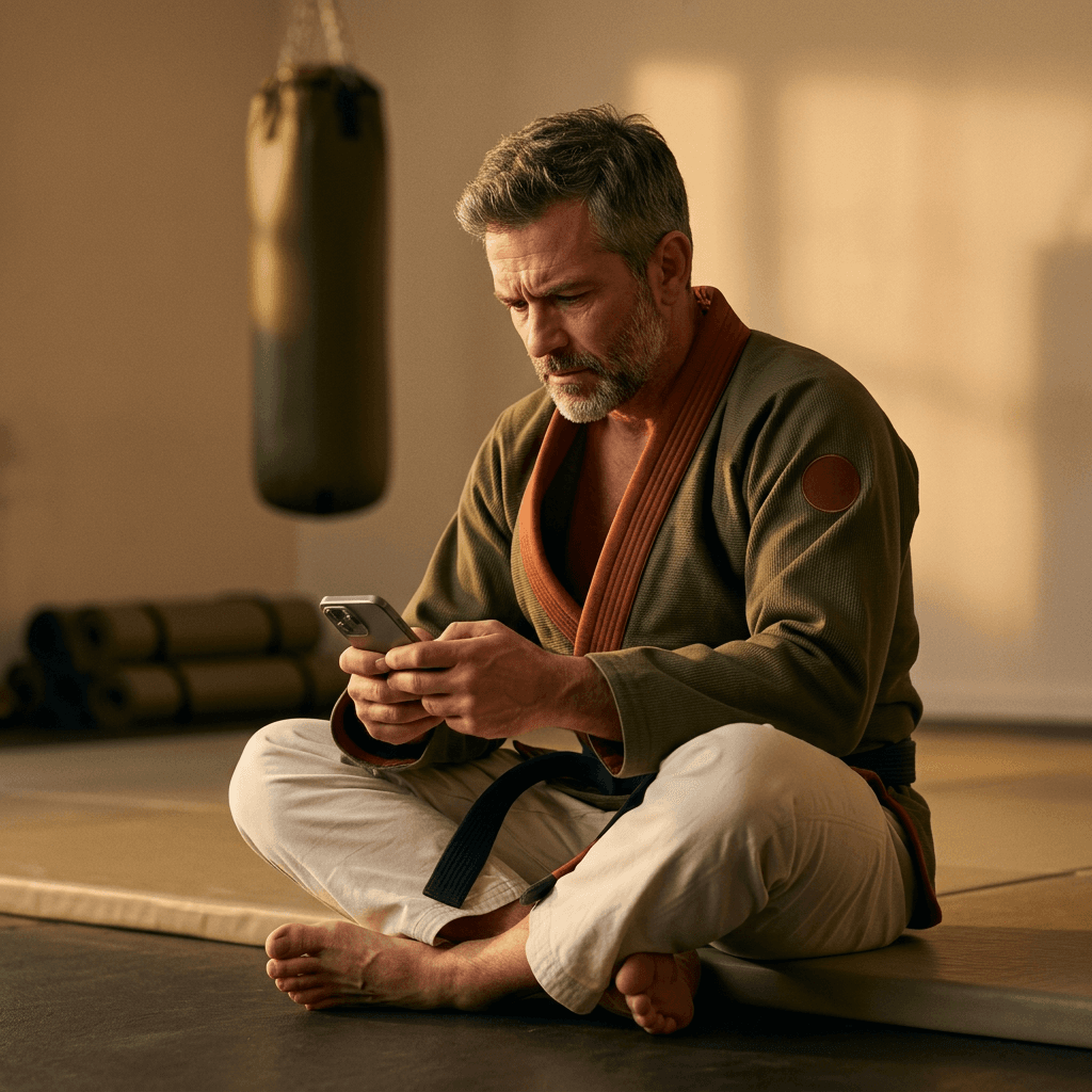 Fitness coach looks tired at an unpaid invoice on his phone