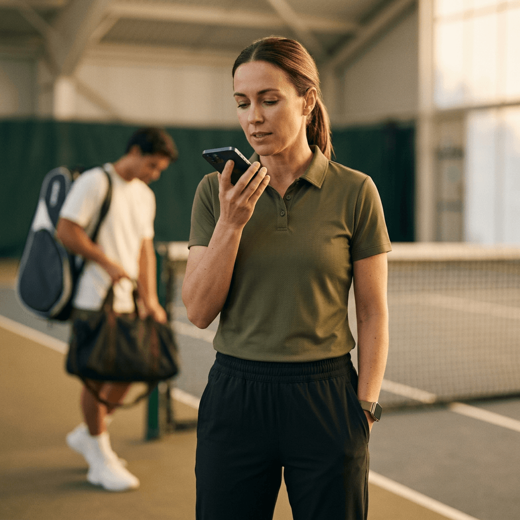 Coach speaking a note into her phone after the session