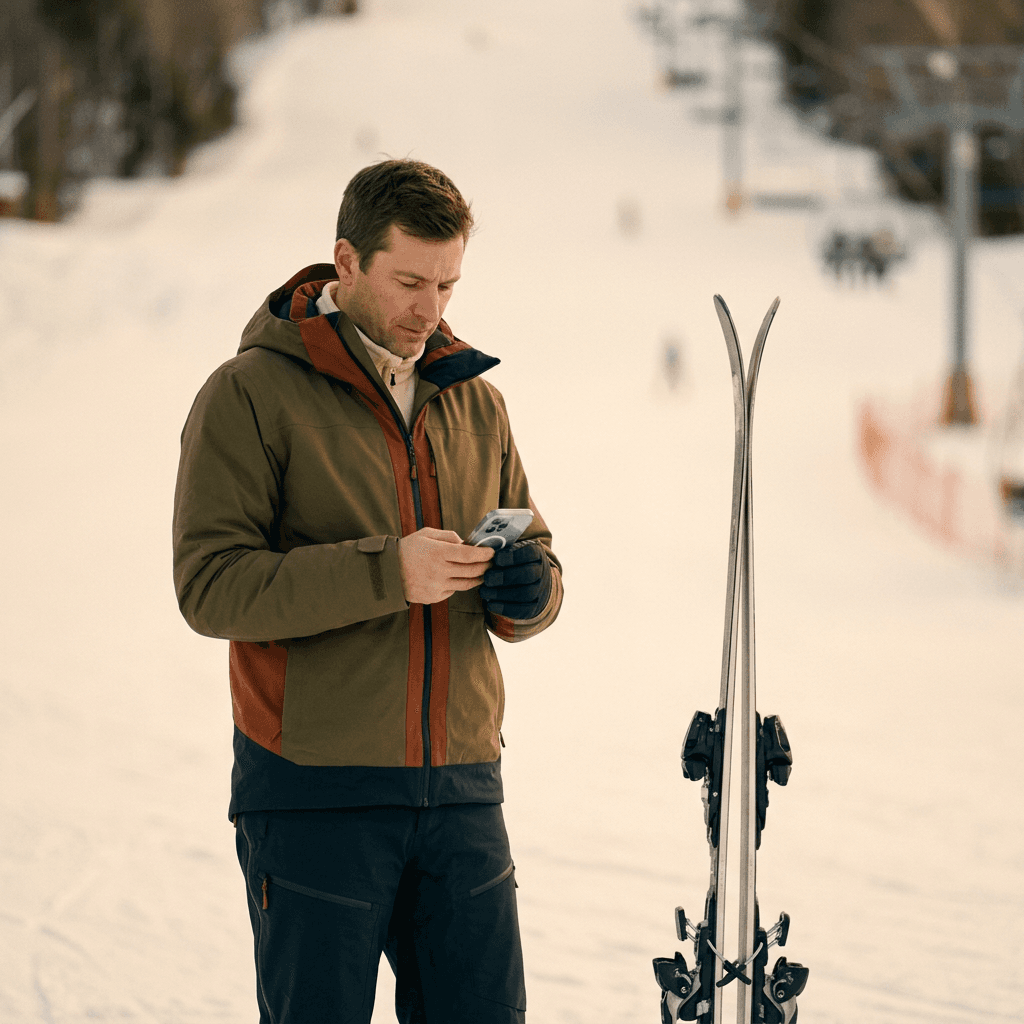 Tennis coach reading a new booking notification with a small smile