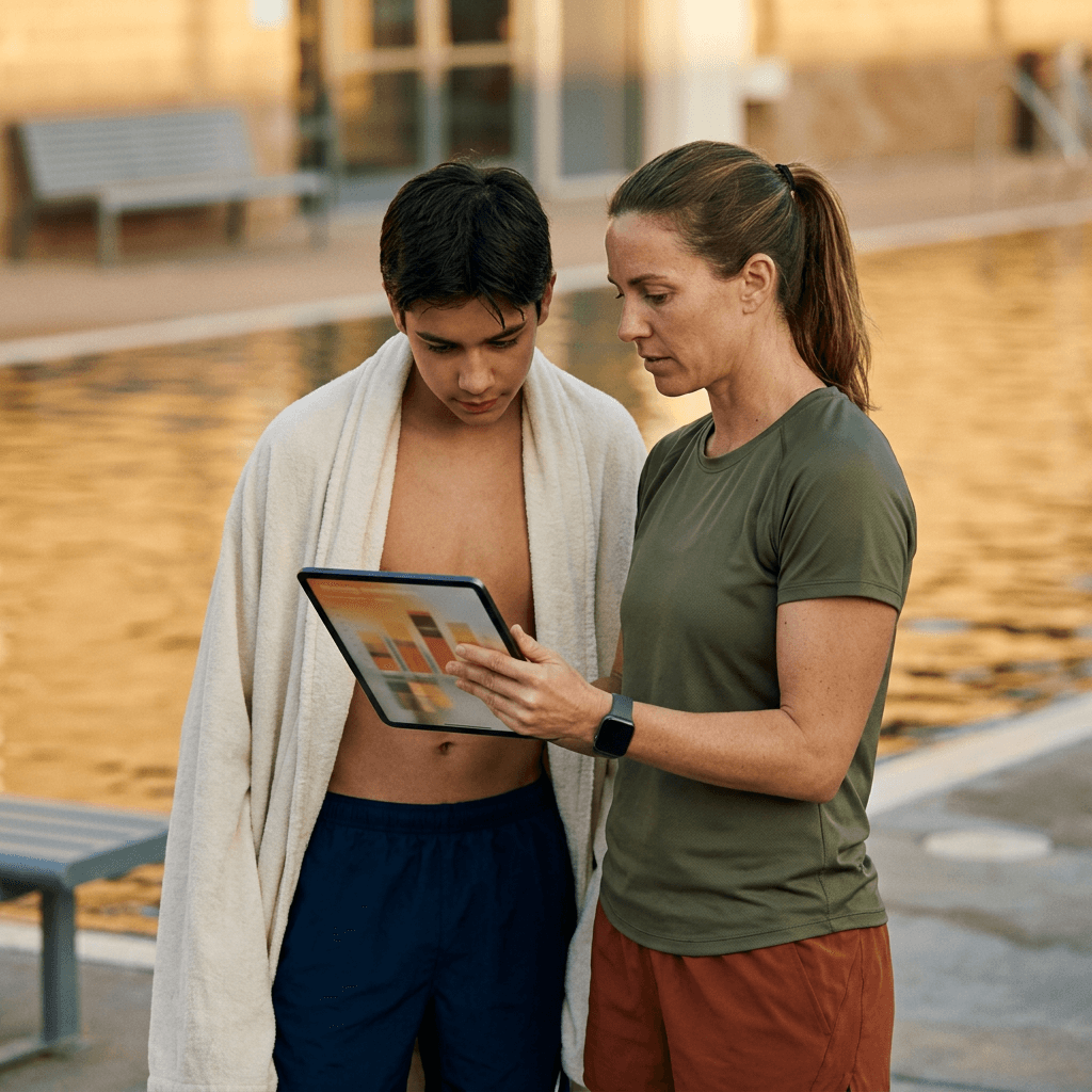 Swim coach showing a student the current package balance on a tablet